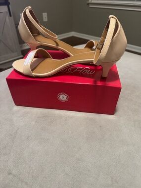 Nude Ankle-Strap Kitten Heel Sandals - Women's